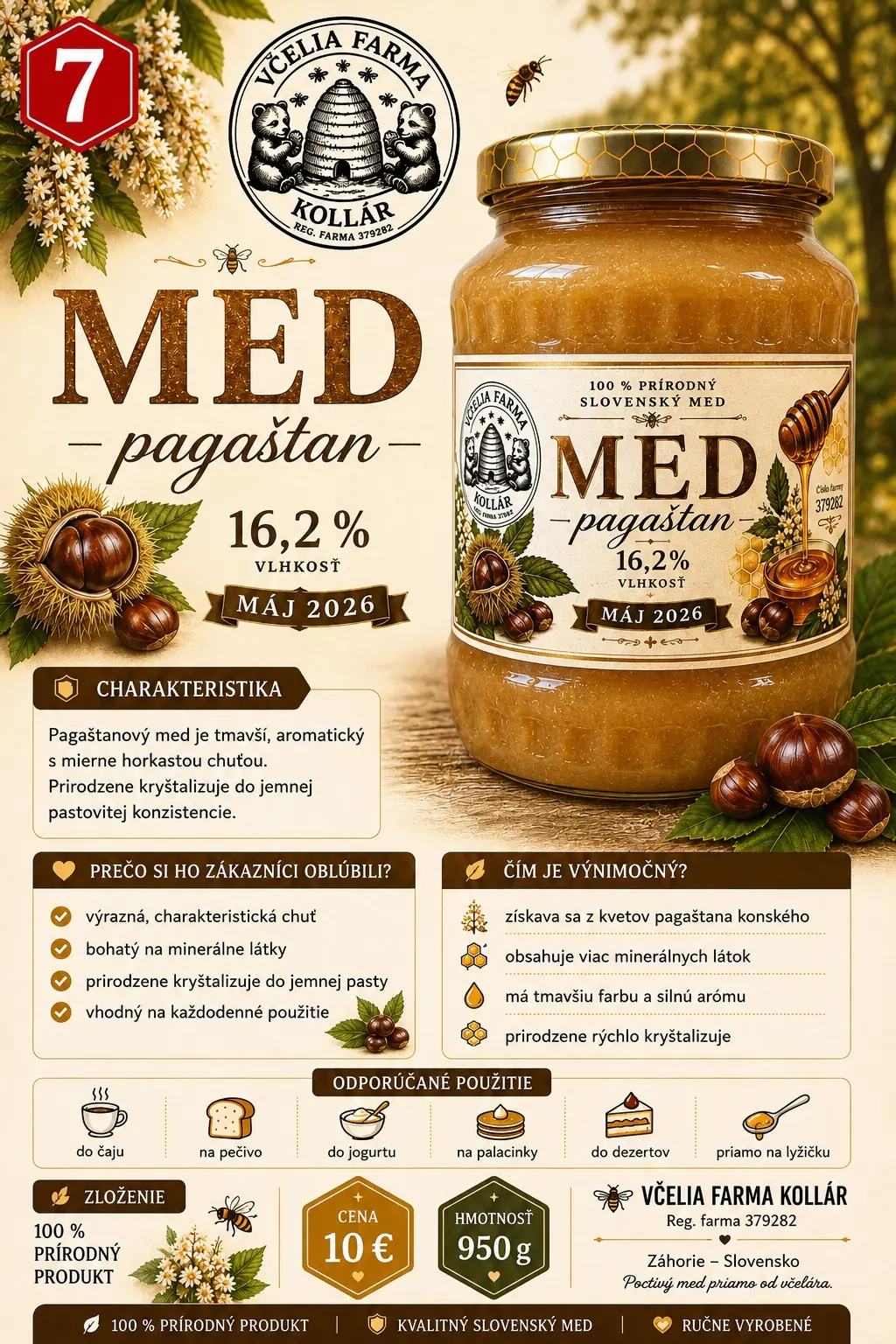 Pohár vypredaného pagaštanového medu s etiketou Včelia farma Kollár