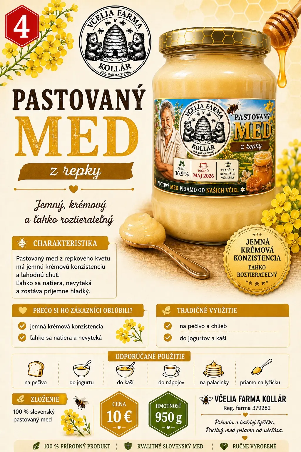 Pohár pastovaného medu z repky s etiketou Včelia farma Kollár
